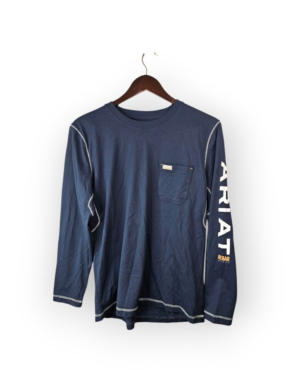 Ariat Rebar Long Sleeve Pocket Work Shirt Men's Large Navy Blue Logo Tee - Picture 2 of 5